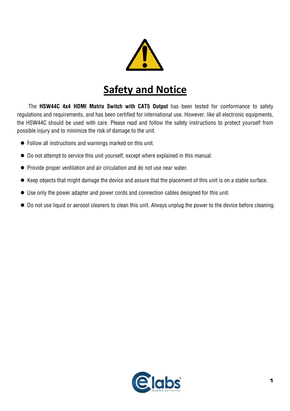 Safety and notice | Cable Electronics HSW44C User Manual | Page 2 / 21