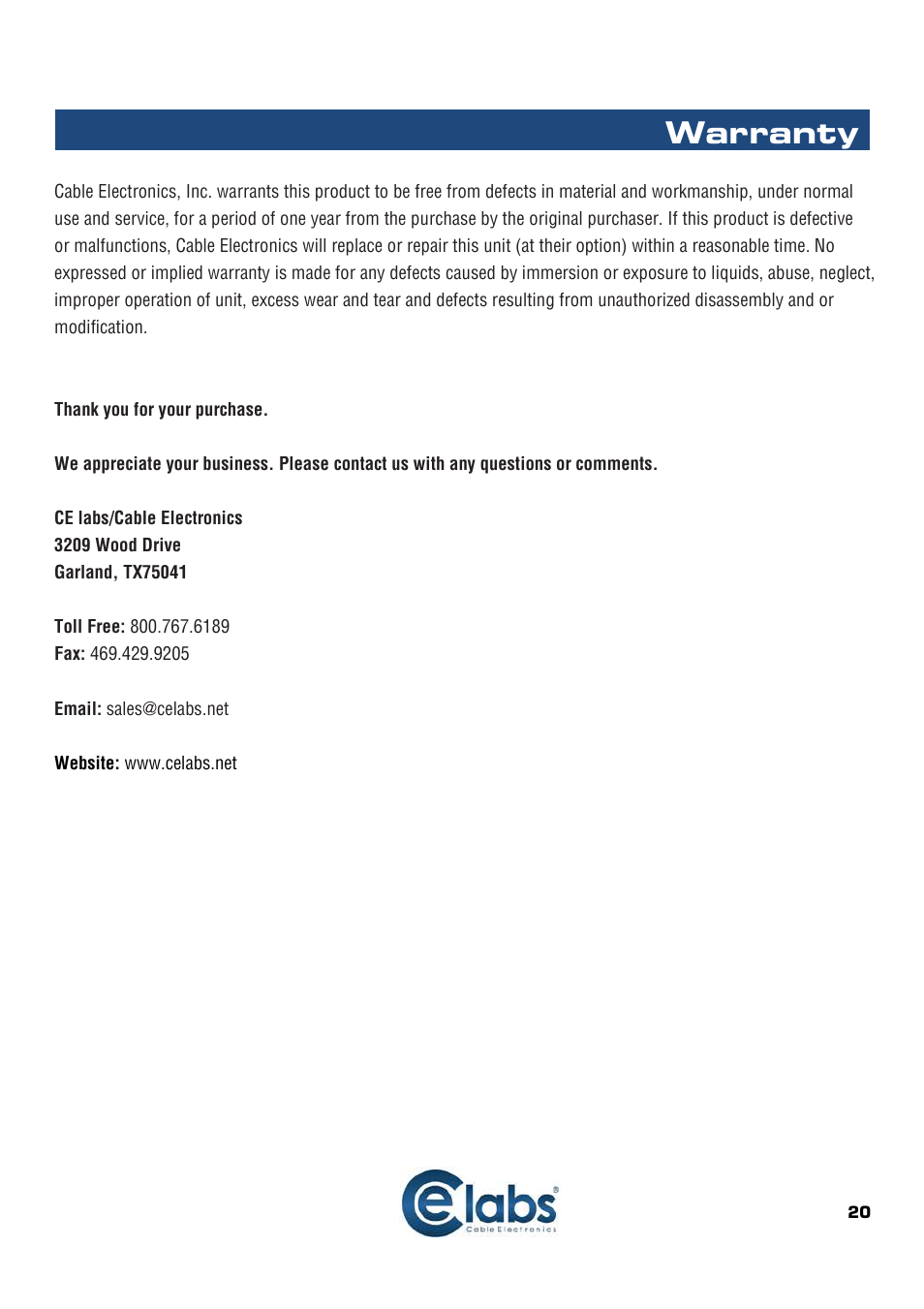 Warranty | Cable Electronics HSW44C User Manual | Page 21 / 21