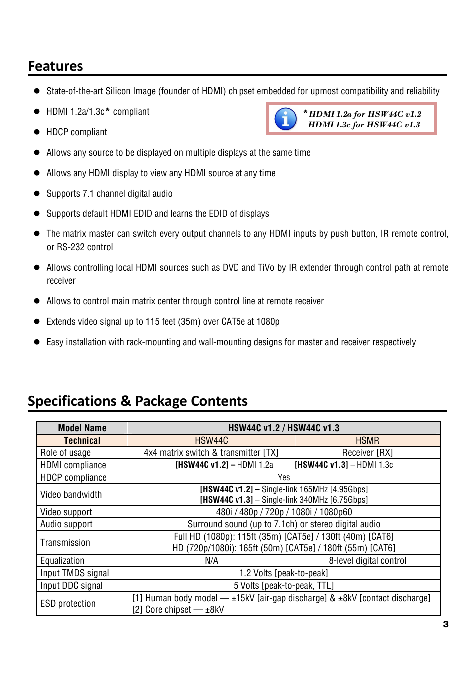 Features, Specifications & package contents | Cable Electronics HSW44C User Manual | Page 4 / 21