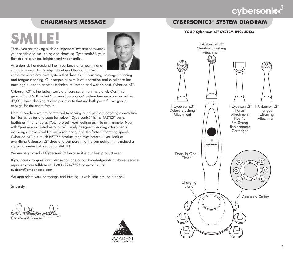 Smile, Chairman’s message, Cybersonic3 | System diagram | AMDEN CORP Cybersonic3 User Manual | Page 2 / 6