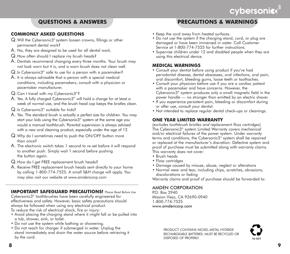Questions & answers precautions & warnings | AMDEN CORP Cybersonic3 User Manual | Page 6 / 6