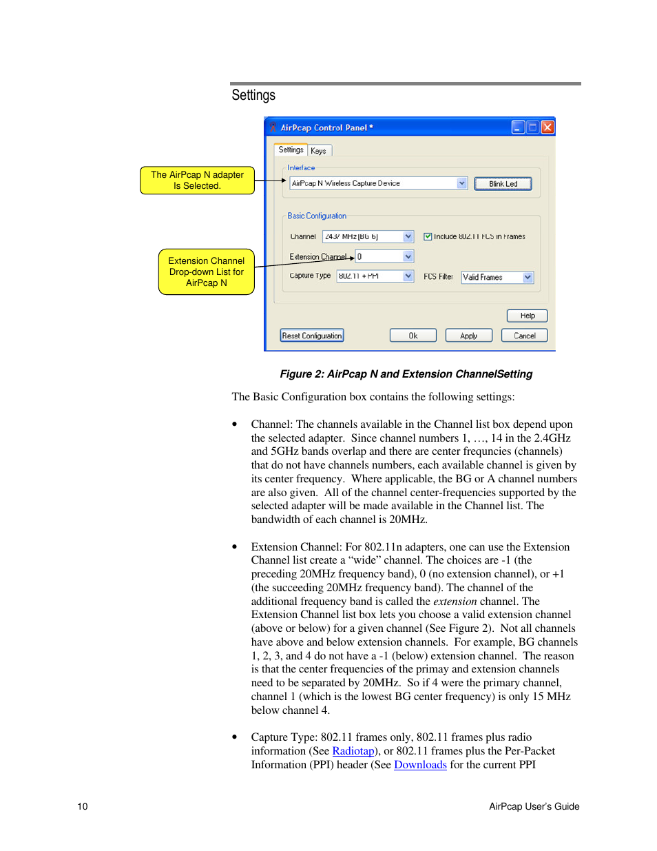 Settings | Cace Technologies AirPcap Wireless Capture Adapters User Manual | Page 12 / 25