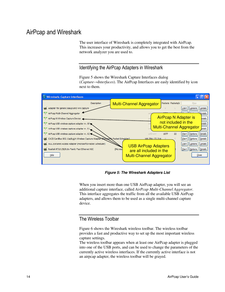 Airpcap and wireshark, Identifying the airpcap adapters in wireshark, The wireless toolbar | Cace Technologies AirPcap Wireless Capture Adapters User Manual | Page 16 / 25