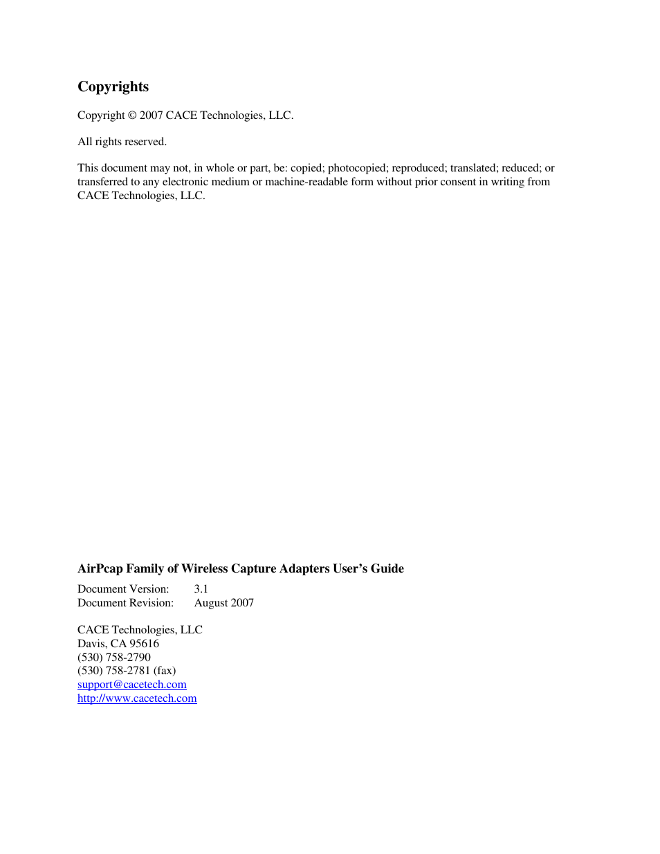 Copyrights | Cace Technologies AirPcap Wireless Capture Adapters User Manual | Page 2 / 25