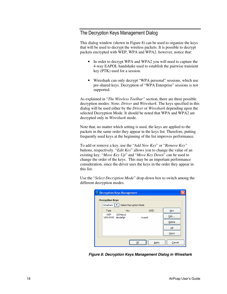 The decryption keys management dialog | Cace Technologies AirPcap Wireless Capture Adapters User Manual | Page 20 / 25