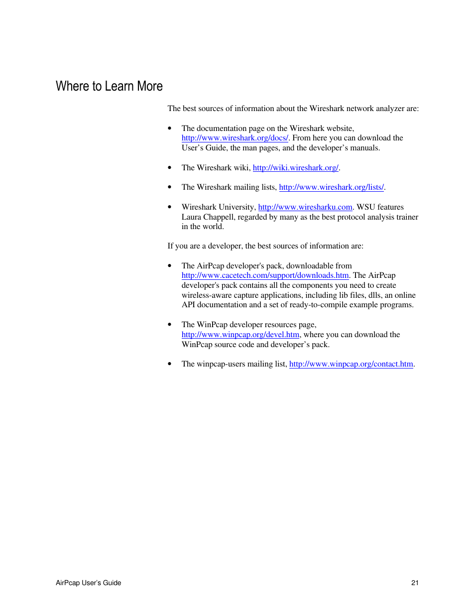 Where to learn more | Cace Technologies AirPcap Wireless Capture Adapters User Manual | Page 23 / 25