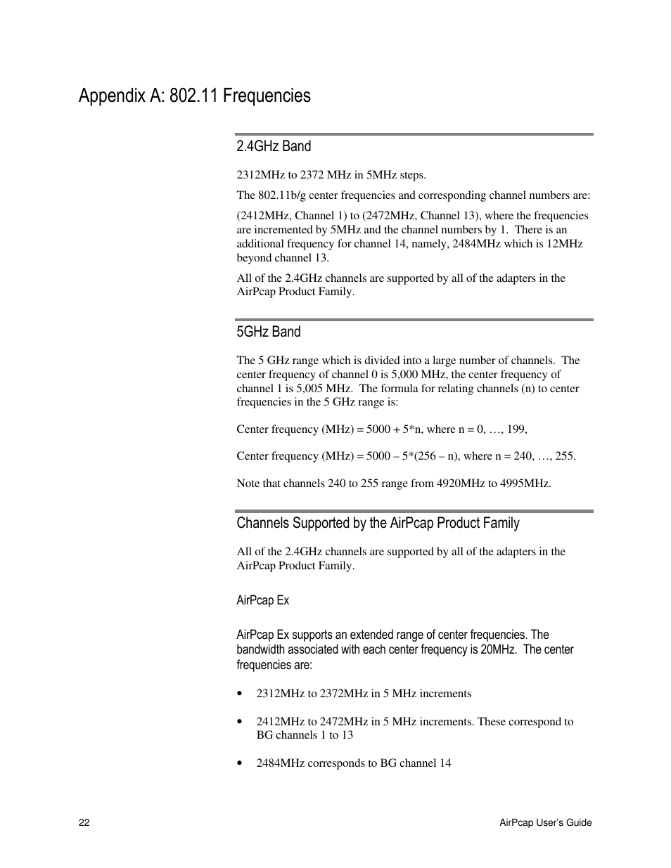 4ghz band, 5ghz band, Channels supported by the airpcap product family | Cace Technologies AirPcap Wireless Capture Adapters User Manual | Page 24 / 25