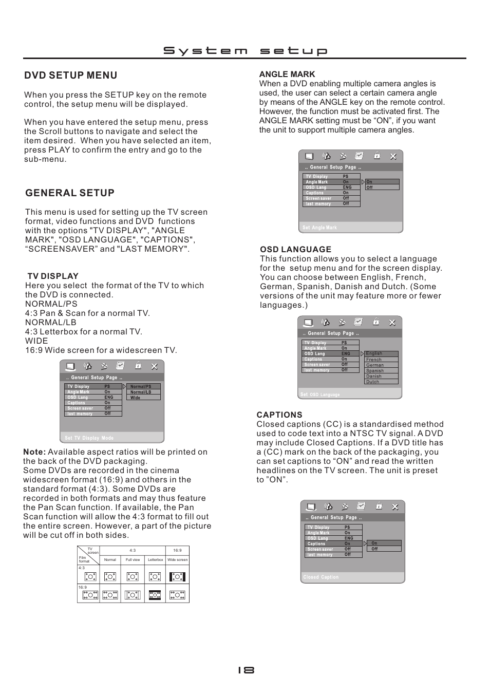 General setup, Dvd setup menu | Cilo C-101 User Manual | Page 18 / 28