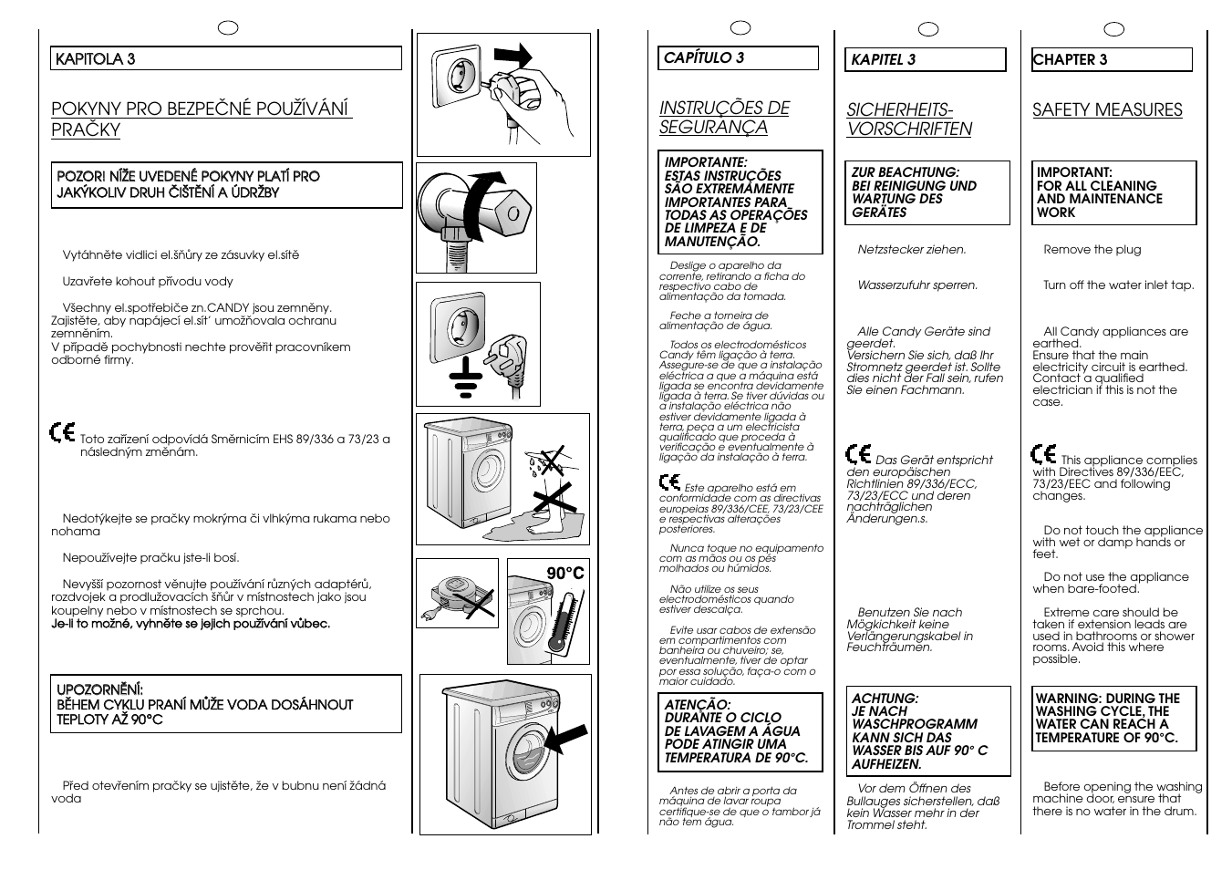 Sicherheits- vorschriften, Safety measures, Instruções de segurança | Pokyny pro bezpeöné pouïívání praöky | Candy CB 63 TR User Manual | Page 6 / 33