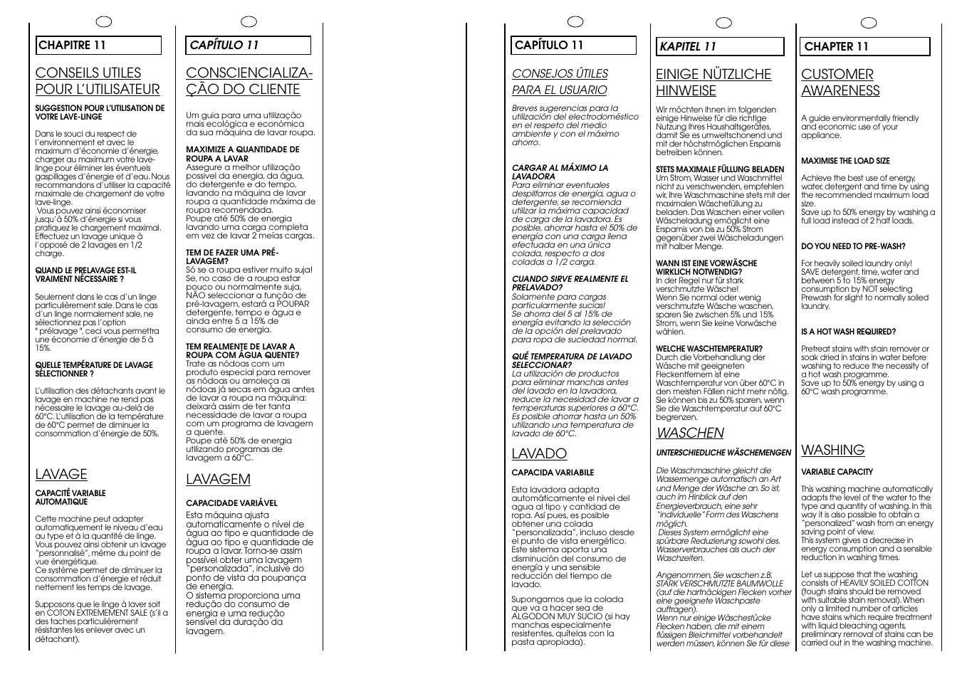 Conseils utiles pour l’utilisateur, Lavage, Einige nützliche hinweise | Waschen, Customer awareness, Washing, Lavado, Consciencializa- ção do cliente, Lavagem | Candy CIN 100 T User Manual | Page 25 / 33