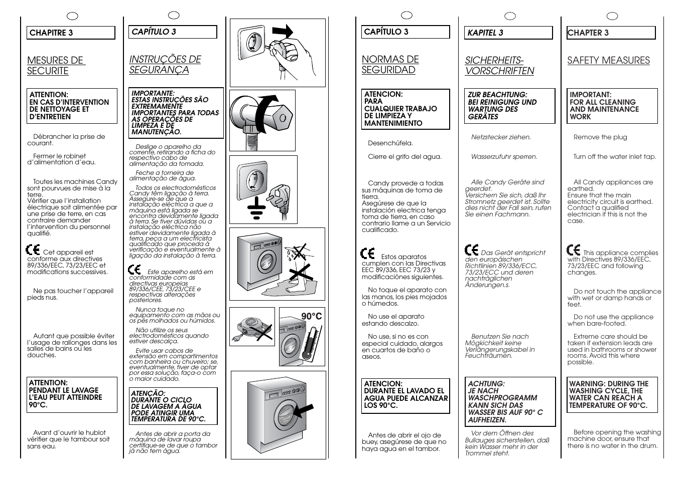 Mesures de securite, Sicherheits- vorschriften, Safety measures | Normas de seguridad, Instruções de segurança | Candy CIN 100 T User Manual | Page 6 / 33