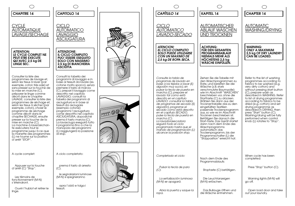 60°c 2,5 kg max, Automatic washing/drying, Ciclo automatico lavado-secado | Cycle automatique lavage/sechage, Automatischer ablauf waschen und trocknen, Ciclo automatico lavaggio asciugatura | Candy ICW 101 TR H/C User Manual | Page 35 / 41