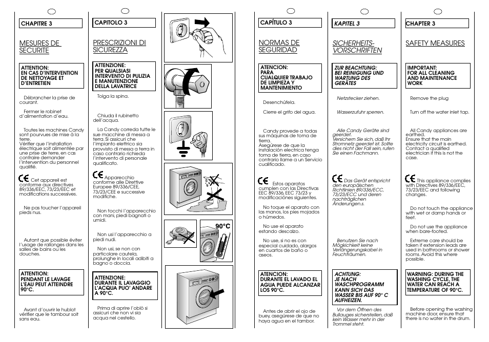 Mesures de securite, Sicherheits- vorschriften, Safety measures | Prescrizioni di sicurezza, Normas de seguridad | Candy ICW 101 TR H/C User Manual | Page 6 / 41