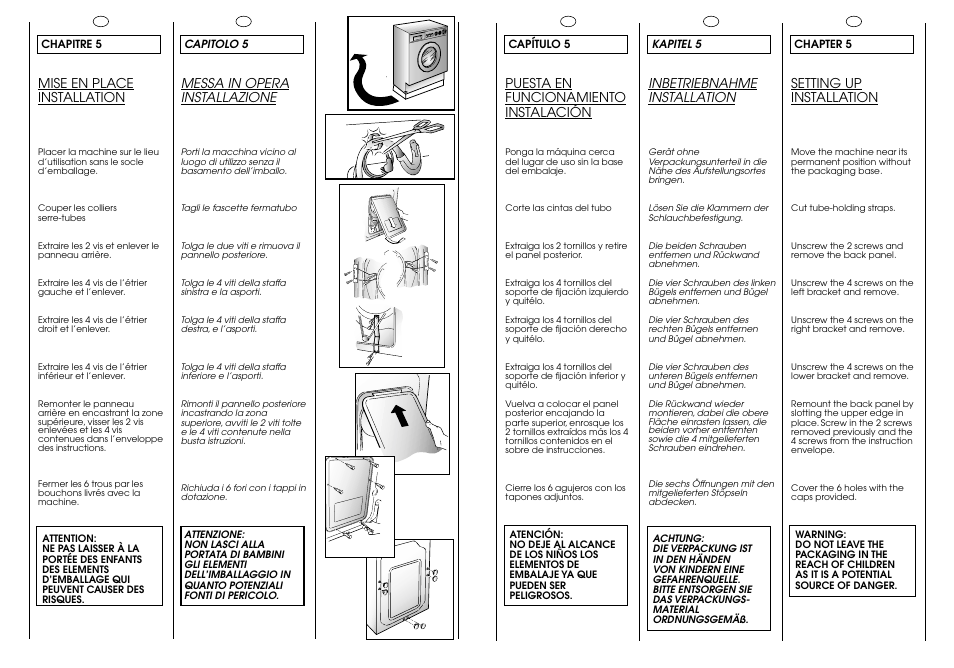 Mise en place installation, Messa in opera installazione, Puesta en funcionamiento instalación | Inbetriebnahme installation, Setting up installation | Candy ICW 101 TR H/C User Manual | Page 9 / 41