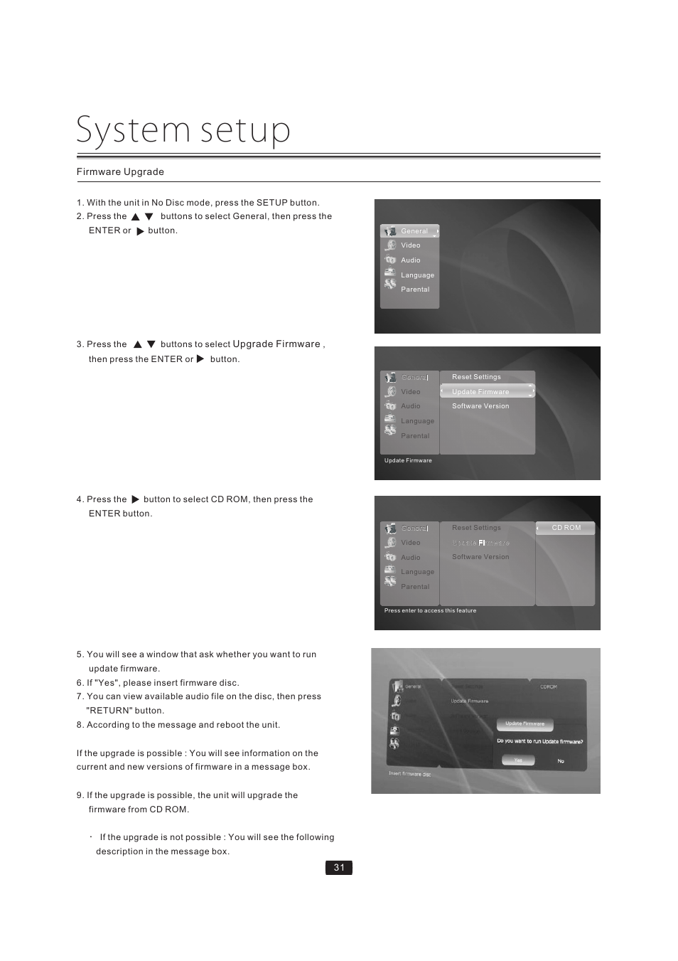 System setup | Curtis Mathes BLU-RAY DISC CMMBX72 User Manual | Page 33 / 56