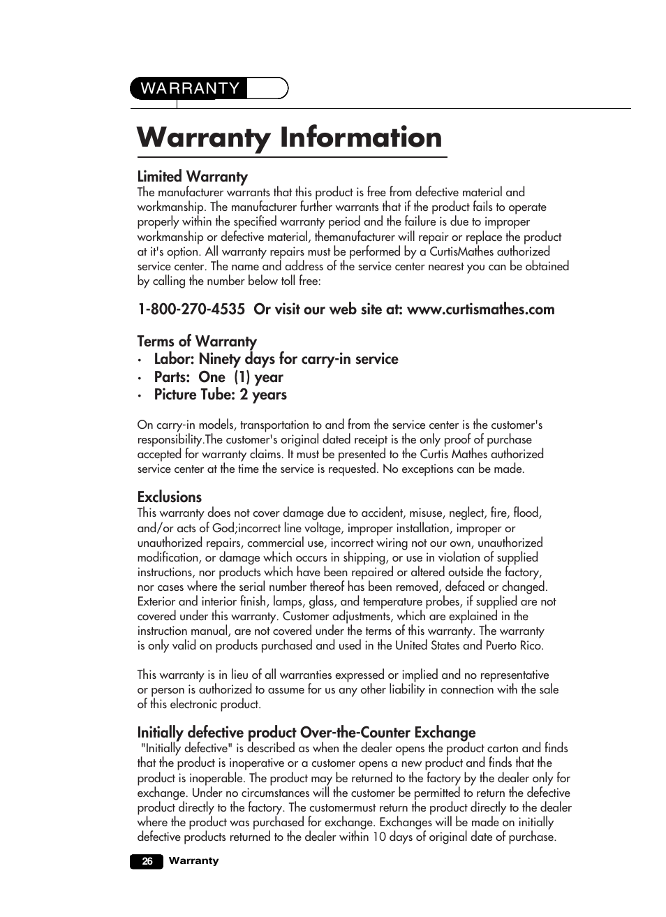 Warranty information, Wa rranty, Limited warranty | Exclusions | Curtis Mathes CM19102 User Manual | Page 29 / 32