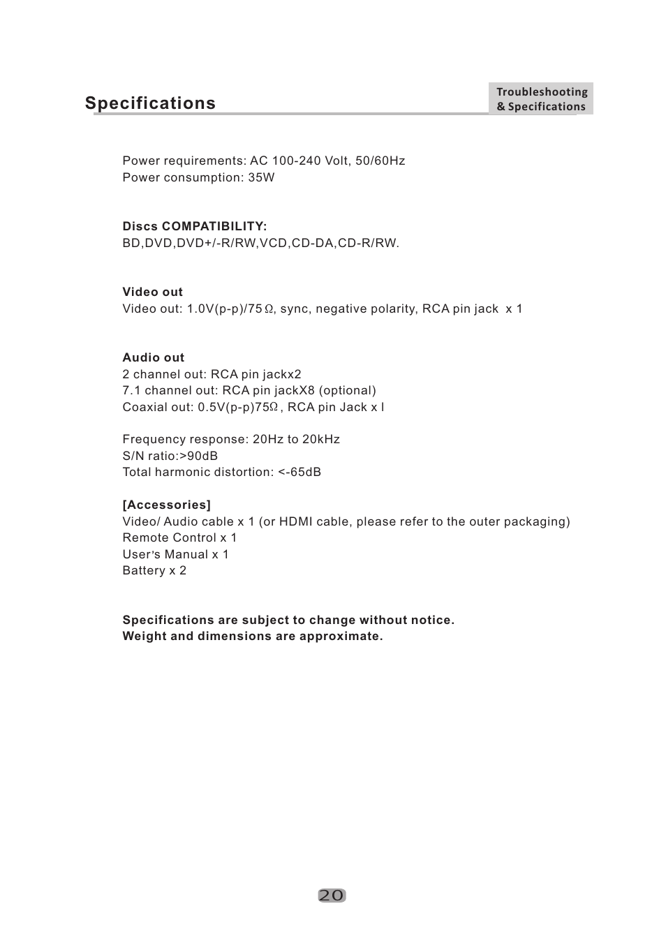 Specifications | Curtis Mathes CMMBX130 User Manual | Page 22 / 23