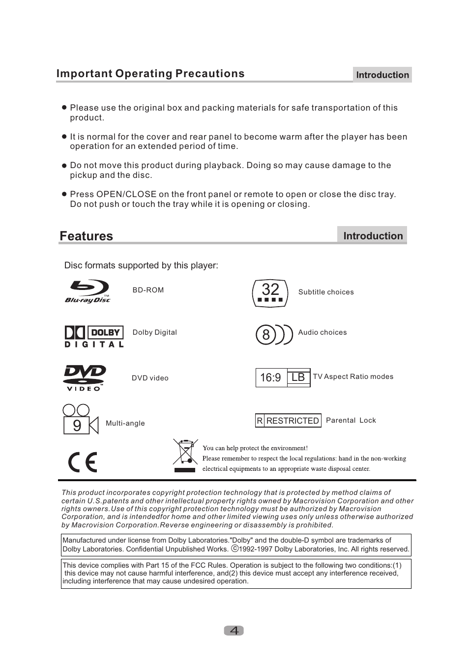 Features, Important operating precautions | Curtis Mathes CMMBX130 User Manual | Page 6 / 23