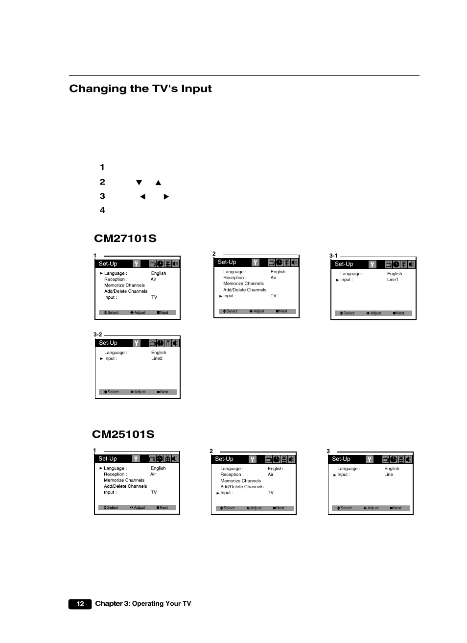 Changing the tv's input | Curtis Mathes CM25101S User Manual | Page 17 / 40