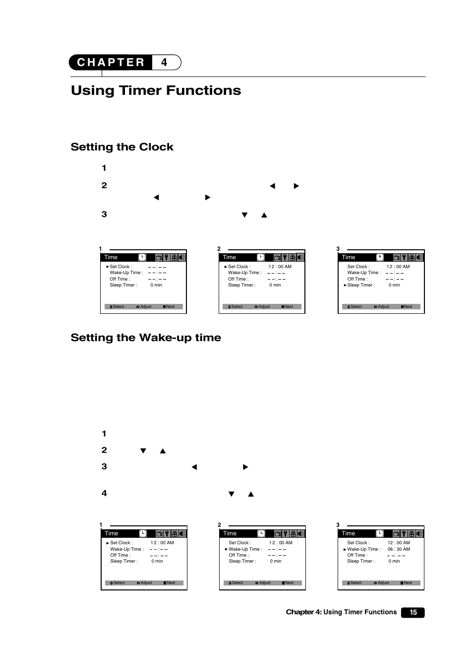 Using timer functions, Setting the clock, Setting the wake-up time | Curtis Mathes CM25101S User Manual | Page 20 / 40