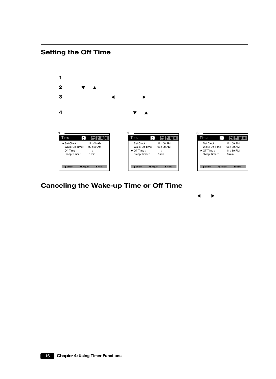 Setting the off time, Canceling the wake-up time or off time | Curtis Mathes CM25101S User Manual | Page 21 / 40