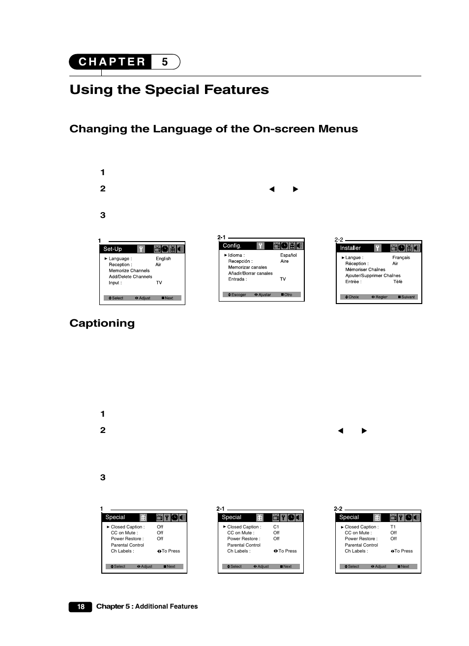 Using the special features, Changing the language of the on-screen menus, Captioning | Curtis Mathes CM25101S User Manual | Page 23 / 40