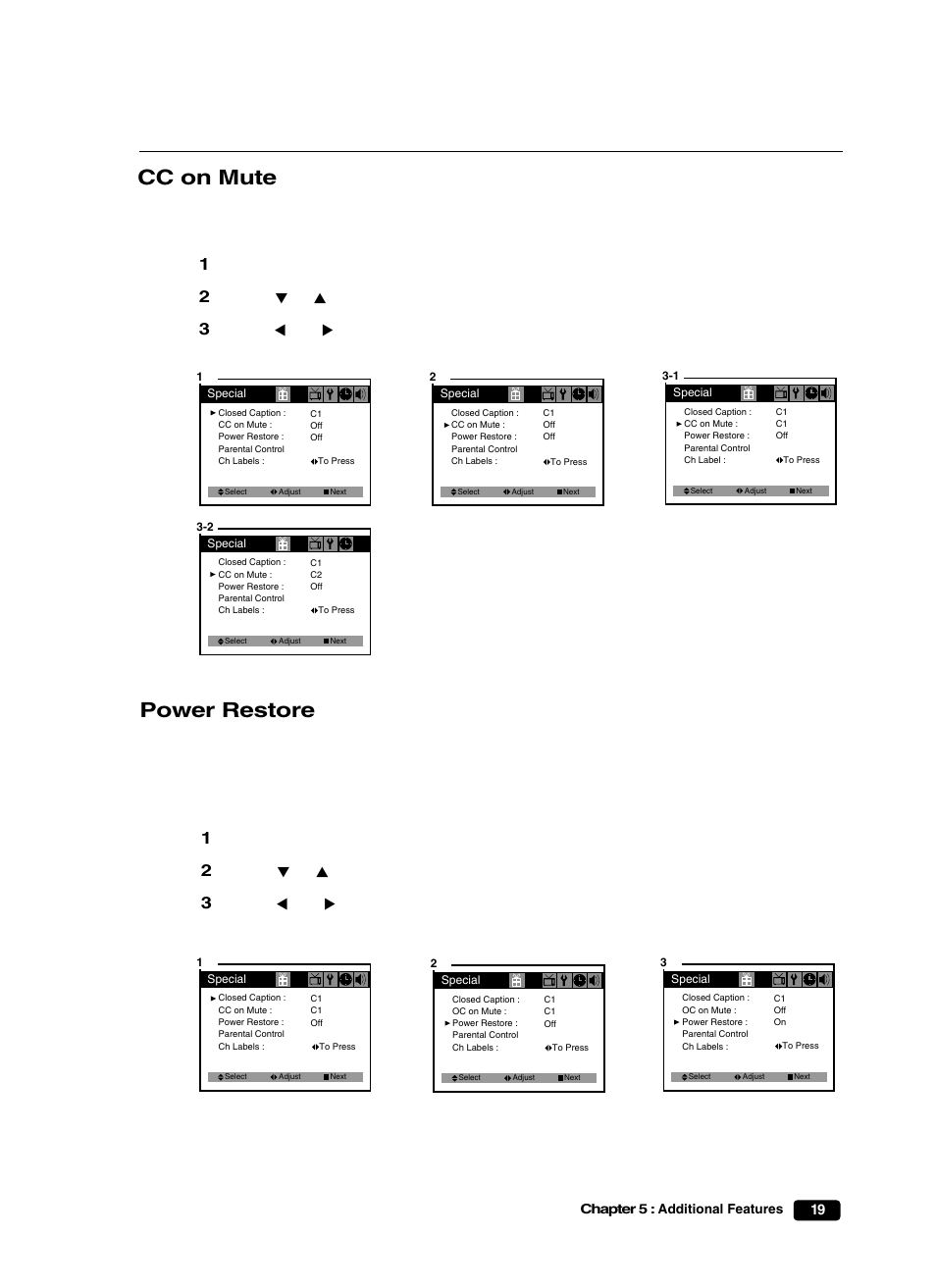 Cc on mute, Power restore | Curtis Mathes CM25101S User Manual | Page 24 / 40