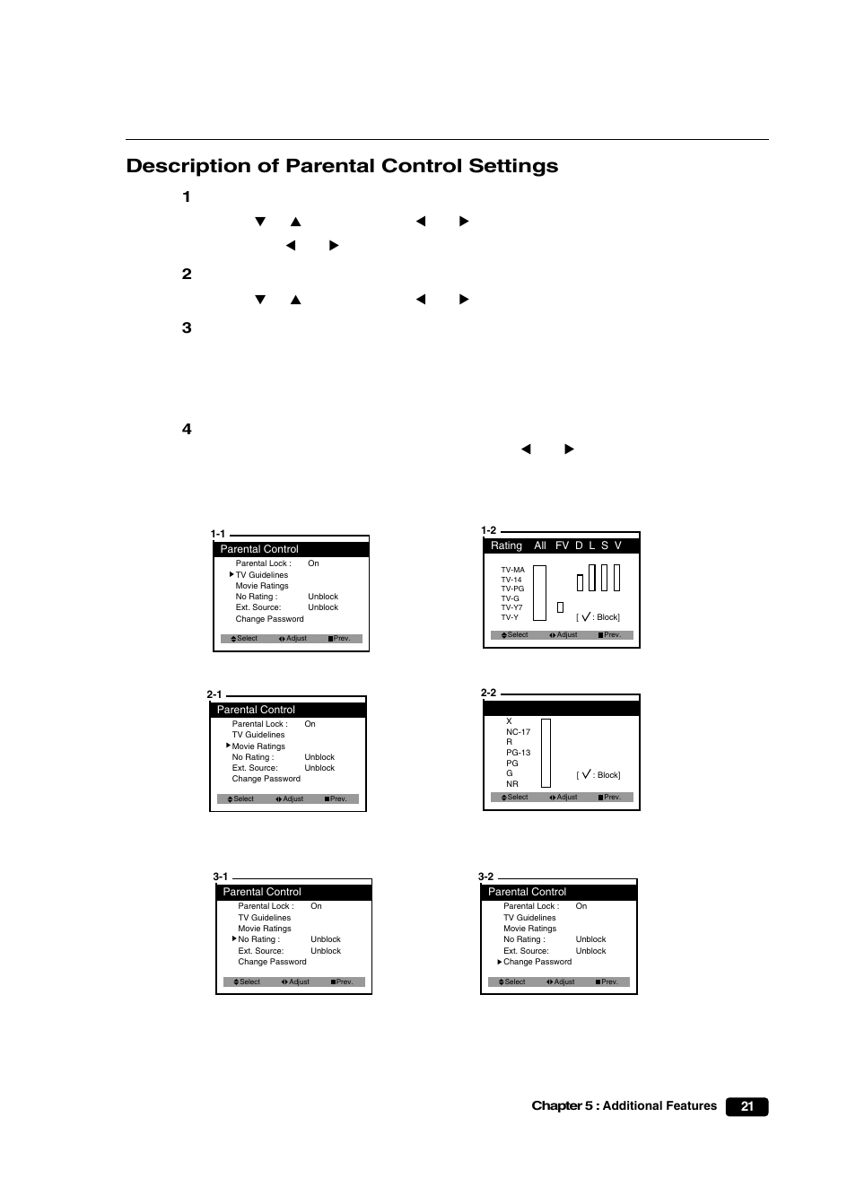 Description of parental control settings, Buttons to select, Buttons | Buttons to adjust, Wchv, Cvolb | Curtis Mathes CM25101S User Manual | Page 26 / 40