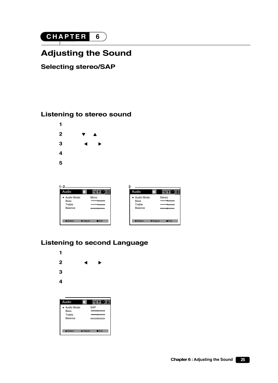 Adjusting the sound, Selecting stereo/sap, Listening to stereo sound | Listening to second language | Curtis Mathes CM25101S User Manual | Page 30 / 40