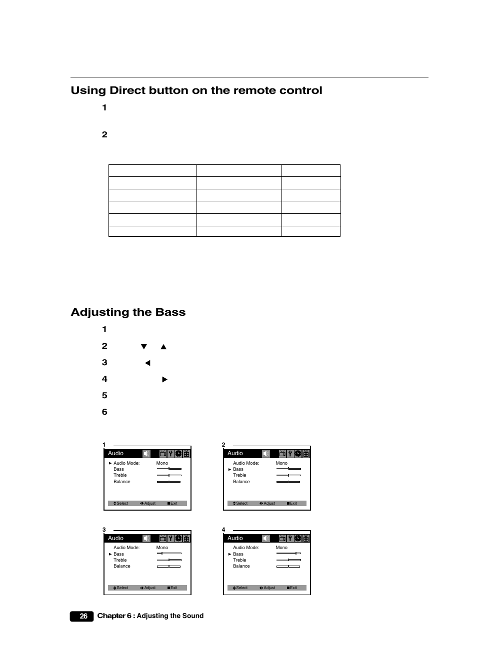 Using direct button on the remote control, Adjusting the bass | Curtis Mathes CM25101S User Manual | Page 31 / 40