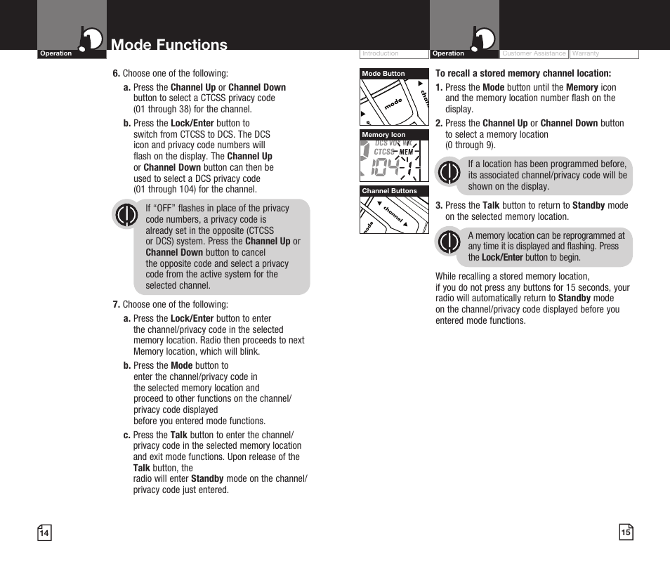 Mode functions | Cobra Digital MICROTALK CXR920 User Manual | Page 10 / 17