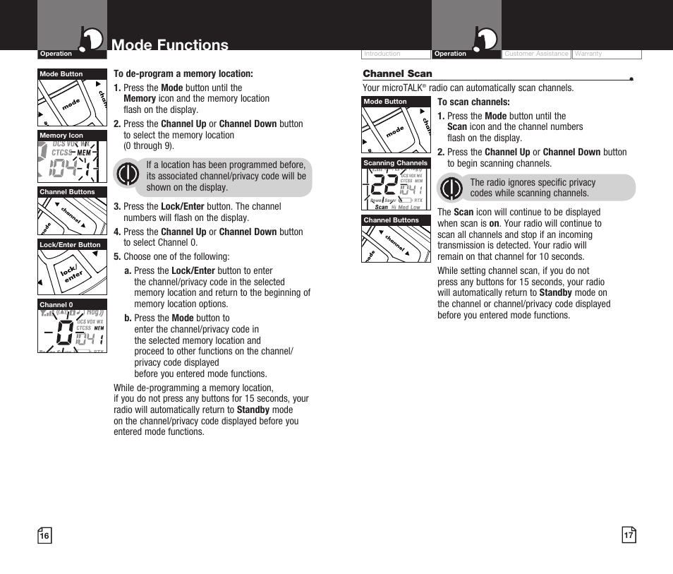 Mode functions | Cobra Digital MICROTALK CXR920 User Manual | Page 11 / 17