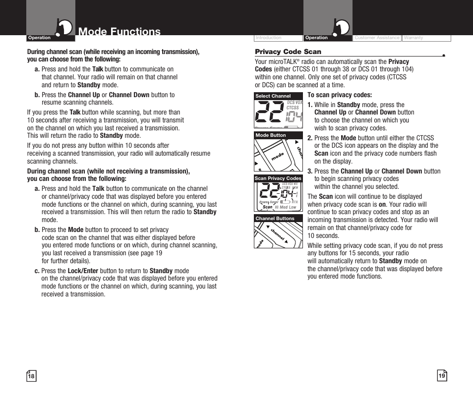 Mode functions | Cobra Digital MICROTALK CXR920 User Manual | Page 12 / 17