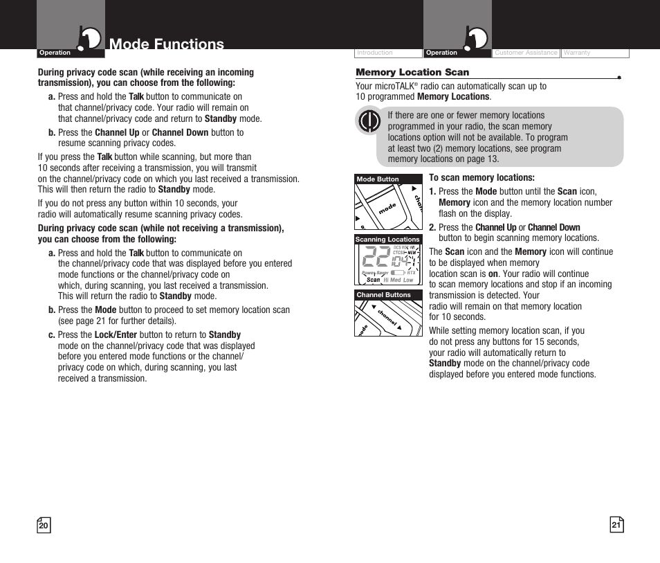Mode functions | Cobra Digital MICROTALK CXR920 User Manual | Page 13 / 17
