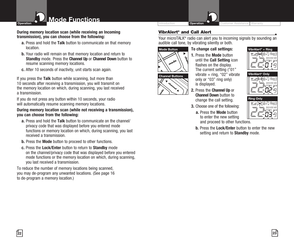Mode functions | Cobra Digital MICROTALK CXR920 User Manual | Page 14 / 17
