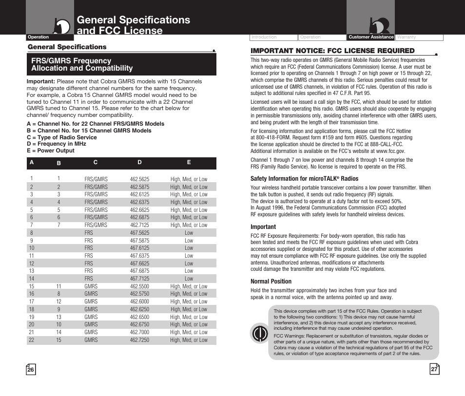 General specifications and fcc license, Frs/gmrs frequency allocation and compatibility | Cobra Digital MICROTALK CXR920 User Manual | Page 16 / 17