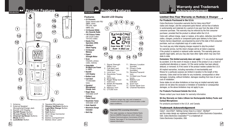 Product features, Warranty and trademark acknowledgement | Cobra Digital MICROTALK CXR920 User Manual | Page 2 / 17