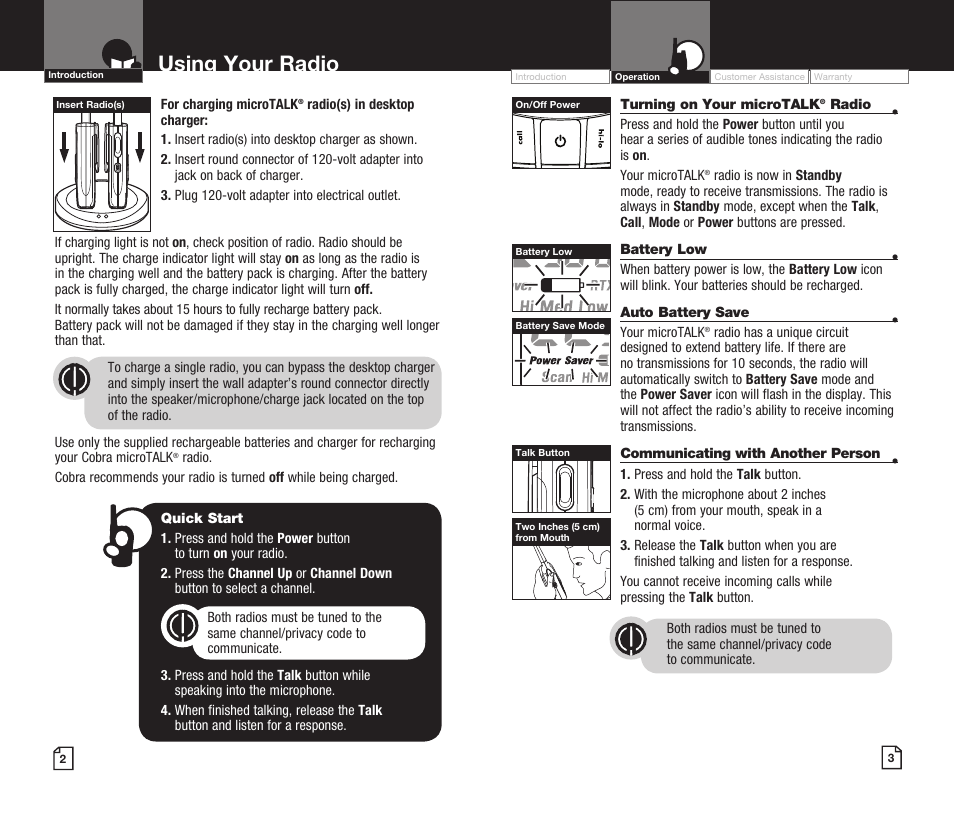 Using your radio | Cobra Digital MICROTALK CXR920 User Manual | Page 4 / 17