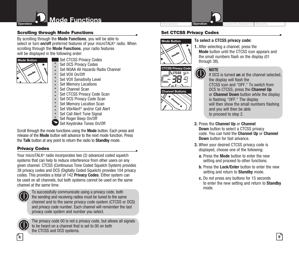 Mode functions | Cobra Digital MICROTALK CXR920 User Manual | Page 7 / 17