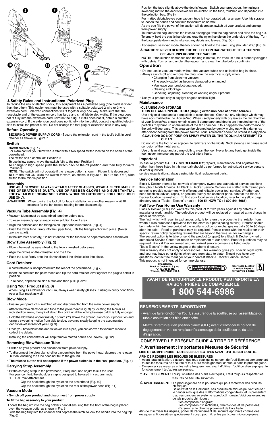 Operation, Avertissement : importantes mesures de sécurité | Black & Decker BV4000 User Manual | Page 2 / 5