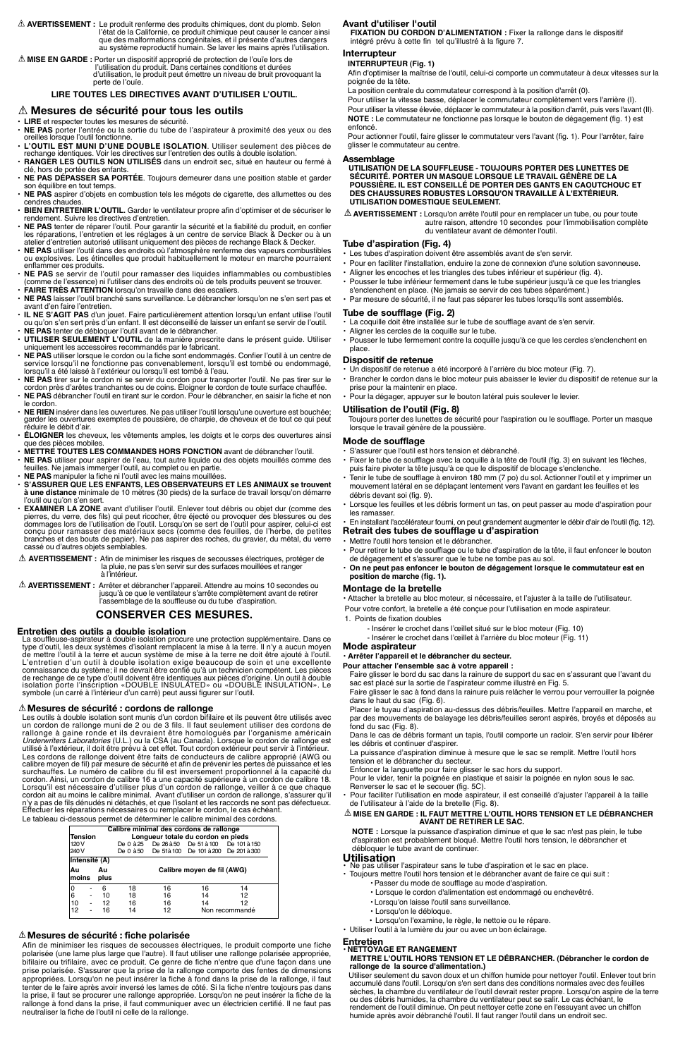 Mesures de sécurité pour tous les outils, Conserver ces mesures, Utilisation | Black & Decker BV4000 User Manual | Page 3 / 5