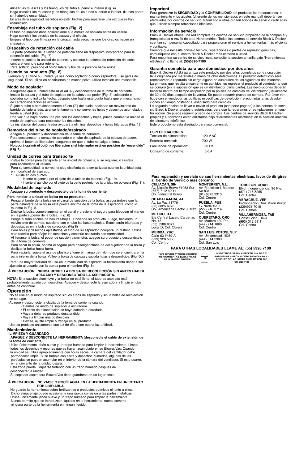 Operación | Black & Decker BV4000 User Manual | Page 5 / 5