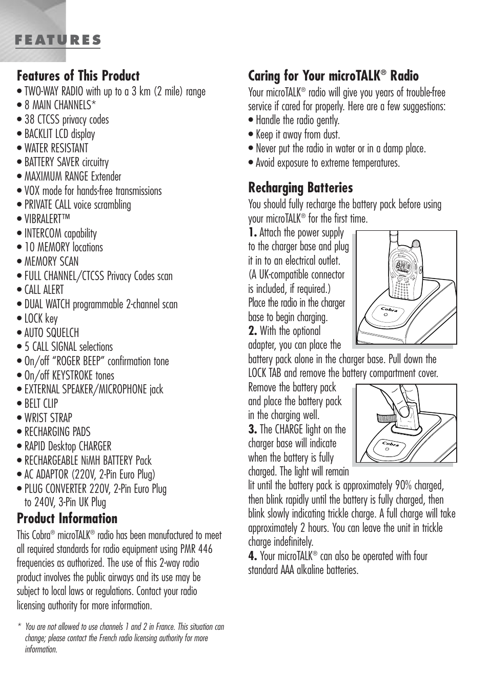 Features of this product, Product information, Caring for your microtalk | Radio, Recharging batteries, Your microtalk | Cobra Digital MICROTALK MT-900 User Manual | Page 2 / 10
