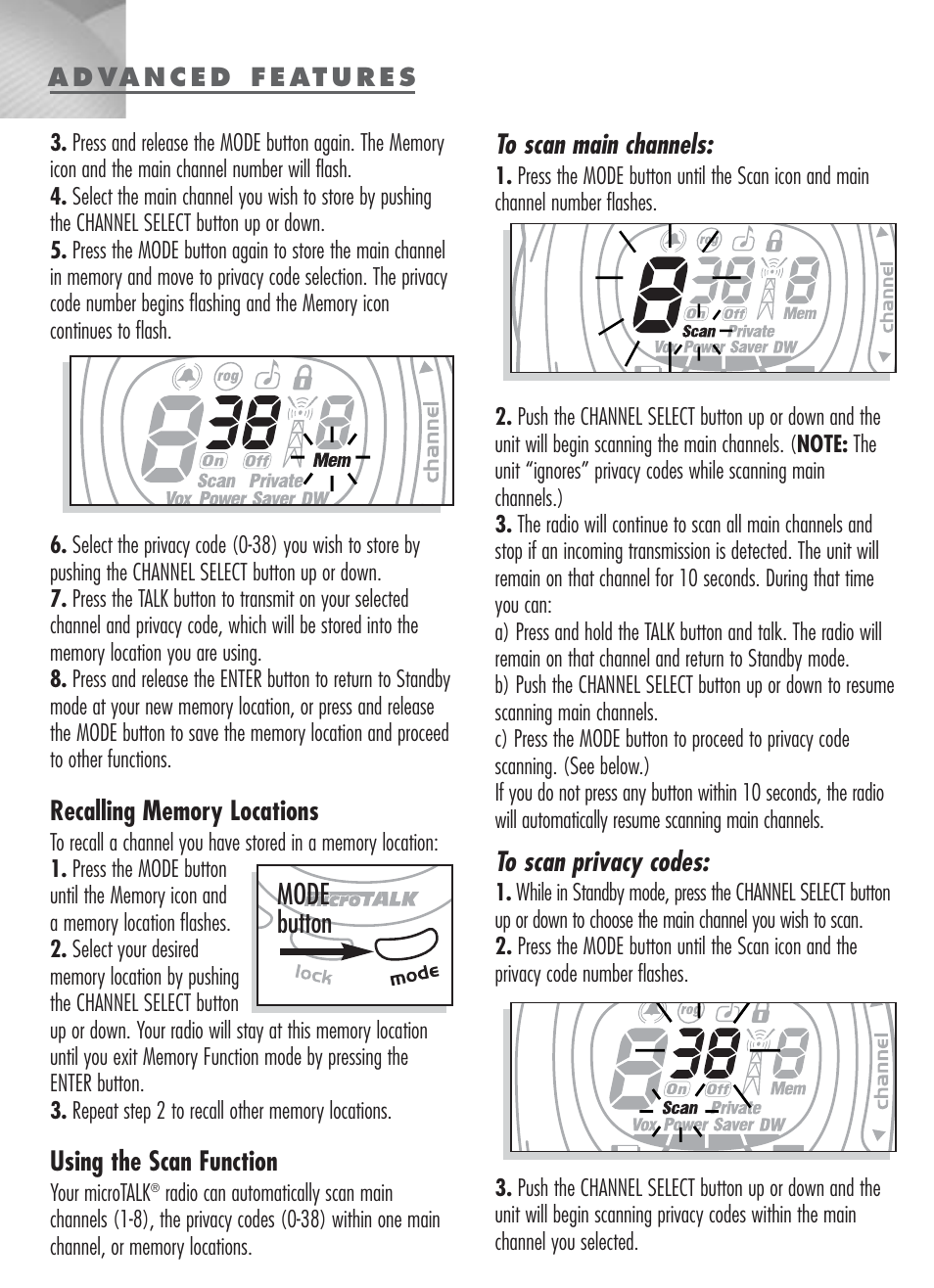 Mode button | Cobra Digital MICROTALK MT-900 User Manual | Page 6 / 10
