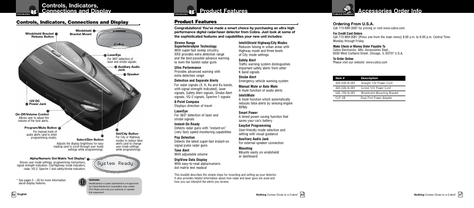 Accessories order info, Product features, Controls, indicators, connections and display | System ready | Cobra Digital XRS 9640 User Manual | Page 2 / 21