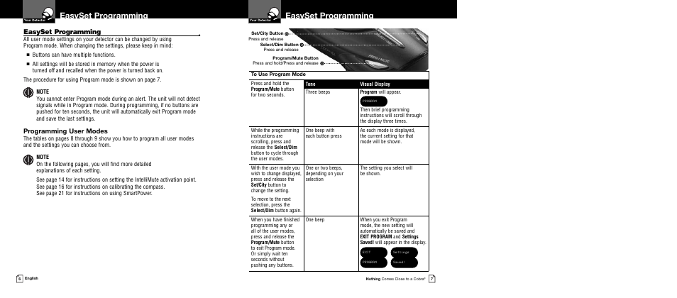 Easyset programming, Programming user modes | Cobra Digital XRS 9640 User Manual | Page 6 / 21