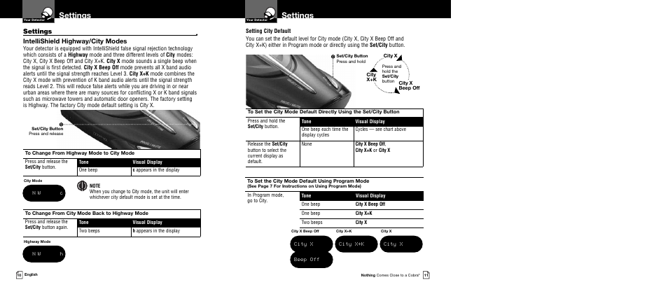 Settings, Intellishield highway/city modes | Cobra Digital XRS 9640 User Manual | Page 8 / 21