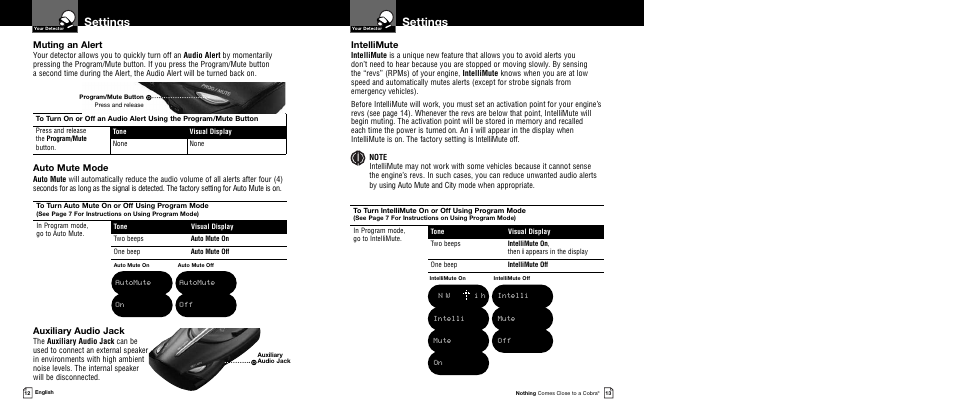 Settings, Intellimute, Auxiliary audio jack | Muting an alert, Auto mute mode | Cobra Digital XRS 9640 User Manual | Page 9 / 21