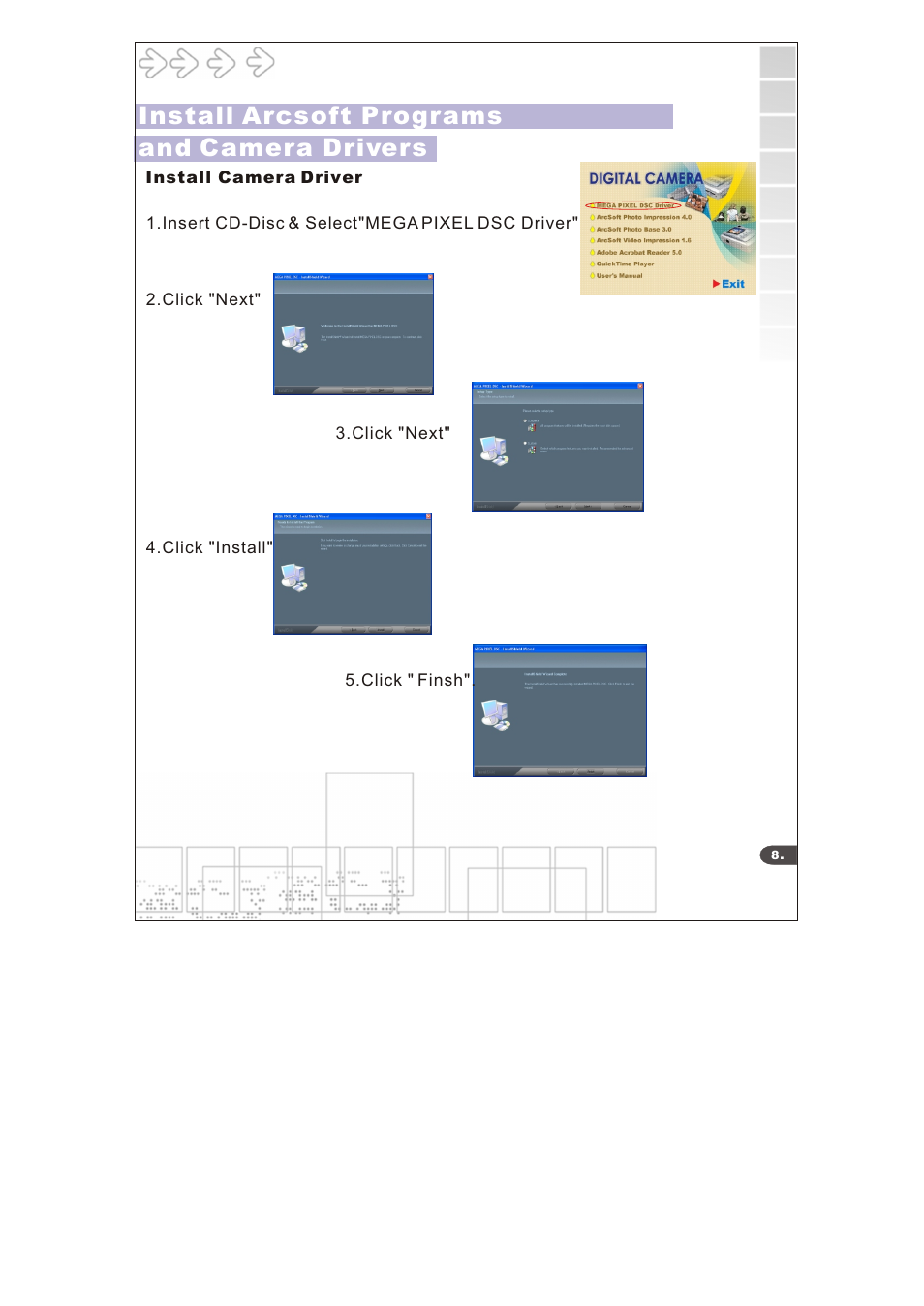 Install arcsoft programs and camera drivers | Cobra Digital DC6415 User Manual | Page 10 / 21