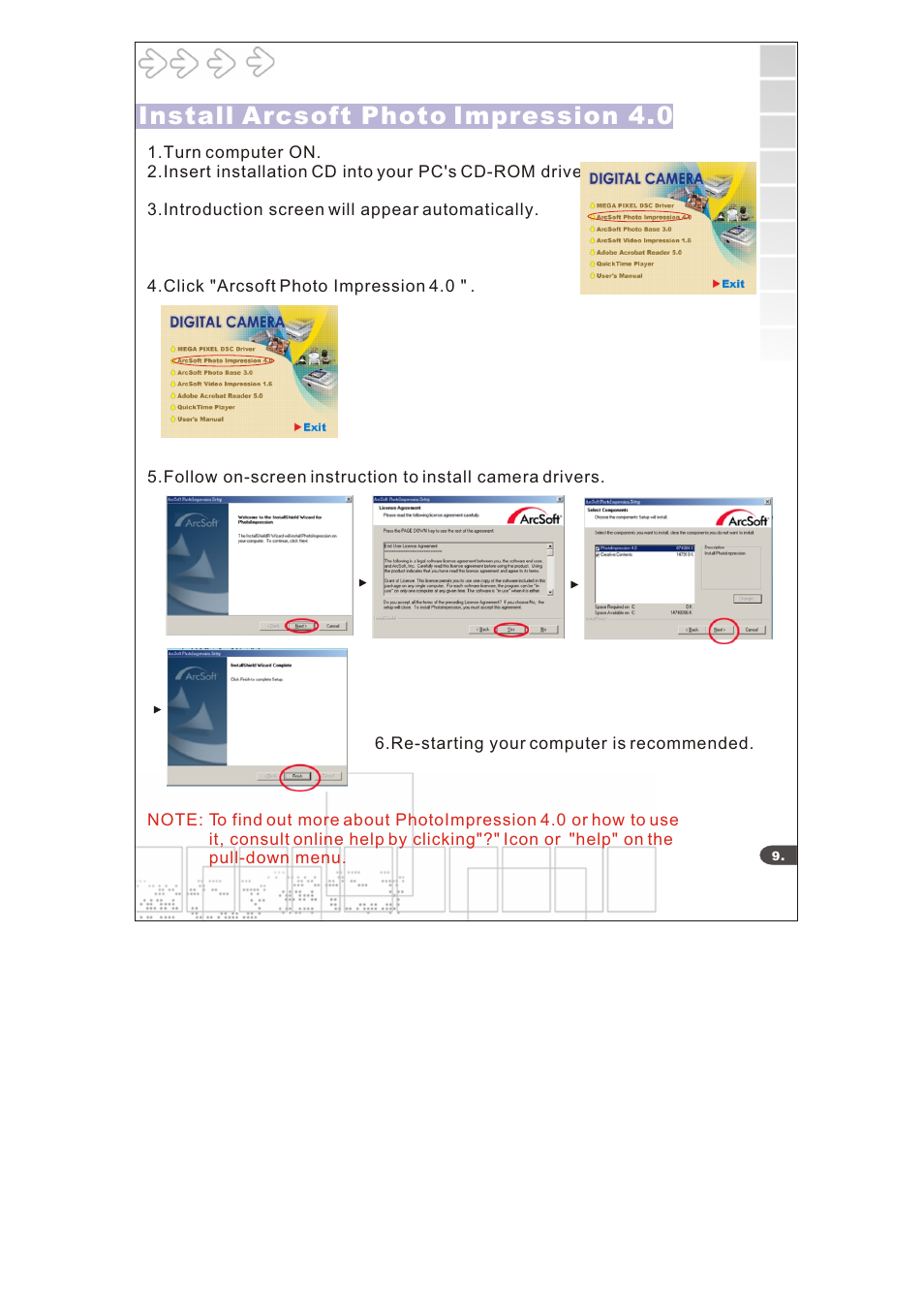 Install arcsoft photo impression 4.0 | Cobra Digital DC6415 User Manual | Page 11 / 21
